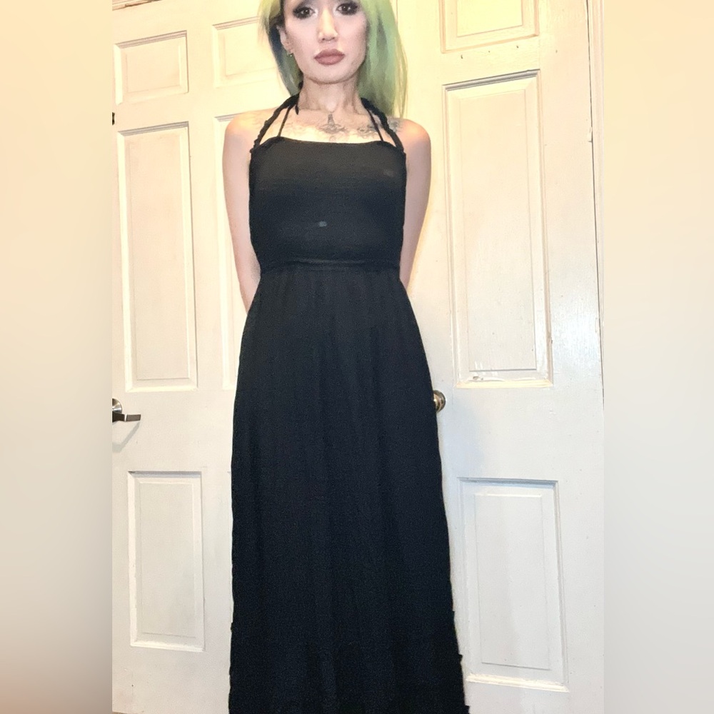 Black maxi straps ruffle detail dress size M 8/10 by R. Vioimos gothic essential
